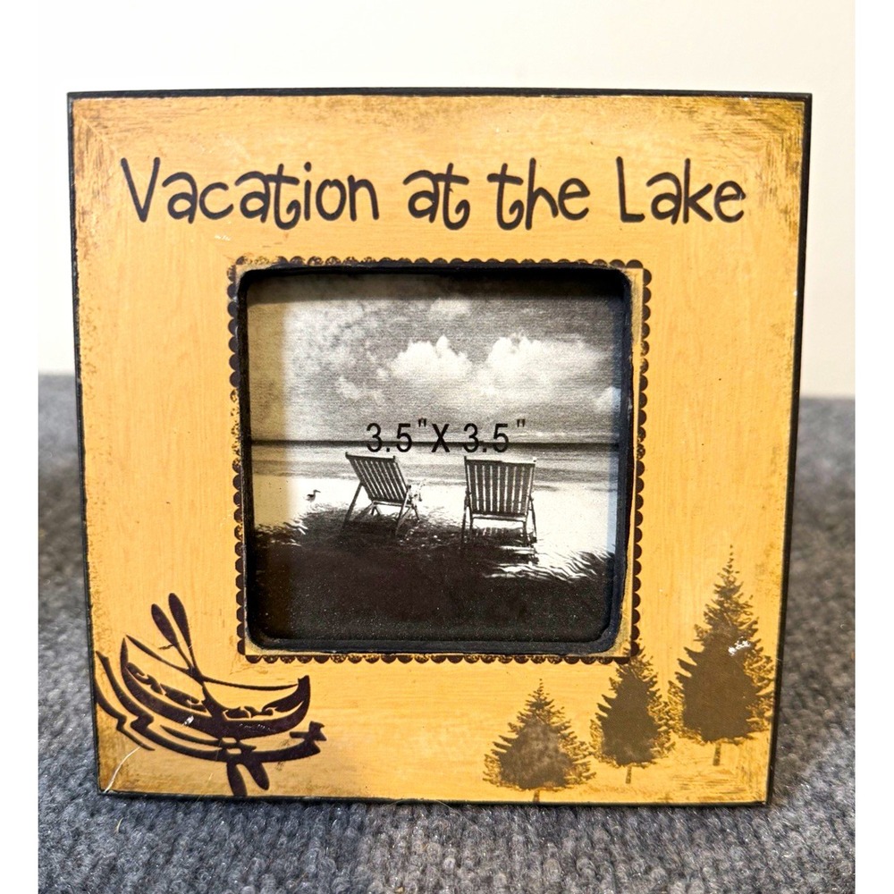 Wood Freestanding Square Photo Frame 3.5 x 3.5 in, Lake Theme Tan/Black